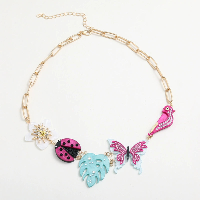 Spring &Summer Acrylic Flower Bird Diamond Necklace