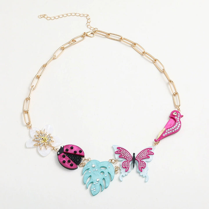 Spring &Summer Acrylic Flower Bird Diamond Necklace