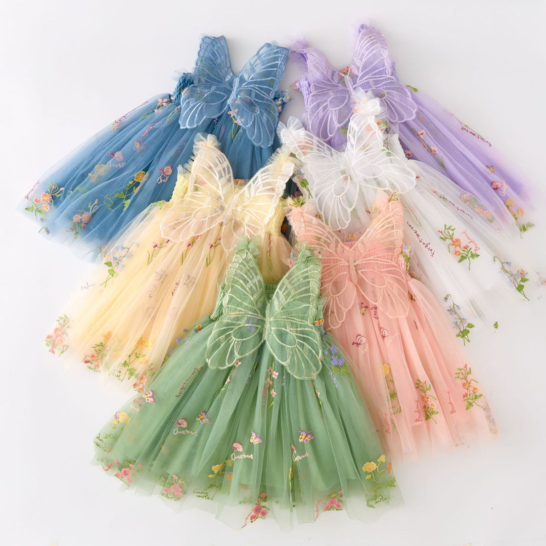 Girls floral embroidery mesh tutu dress with butterfly wings