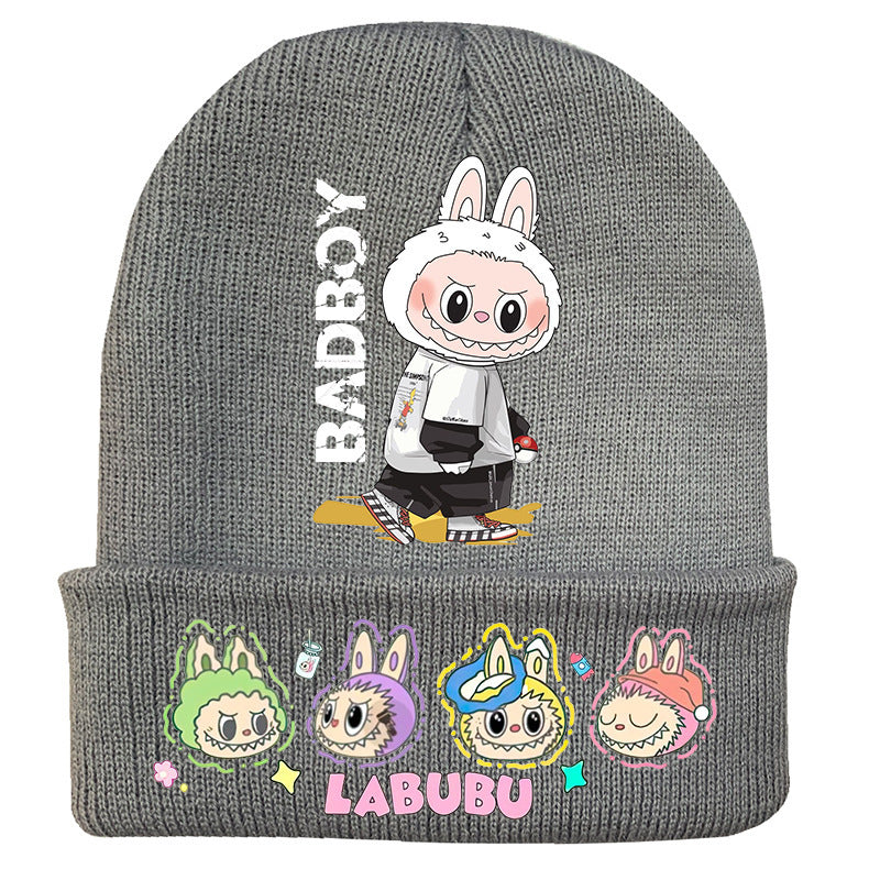 Cute monster printed knitted beanie hat-gray