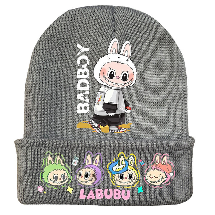 Cute monster printed knitted beanie hat-gray
