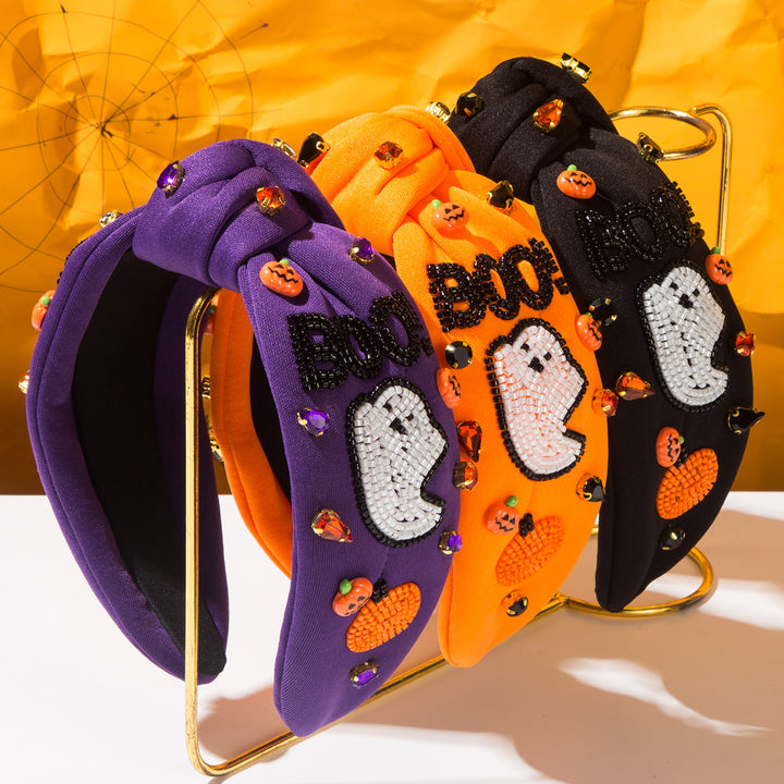 Diamond rice bead BOO ghost pumpkin headband for Halloween