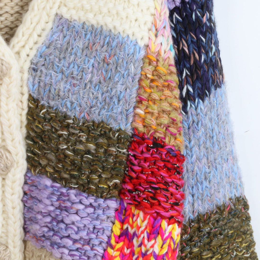 Loose color patchwork V-neck knitted sweater cardigan
