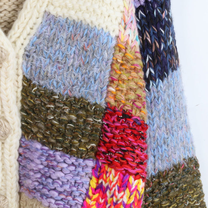 Loose color patchwork V-neck knitted sweater cardigan