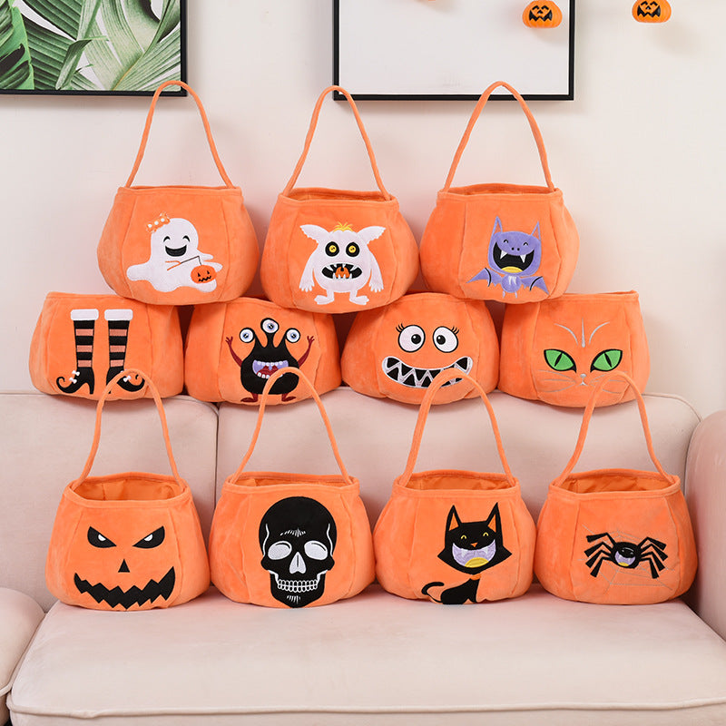 Halloween flannel pumpkin candy basket with skull ghost pattern