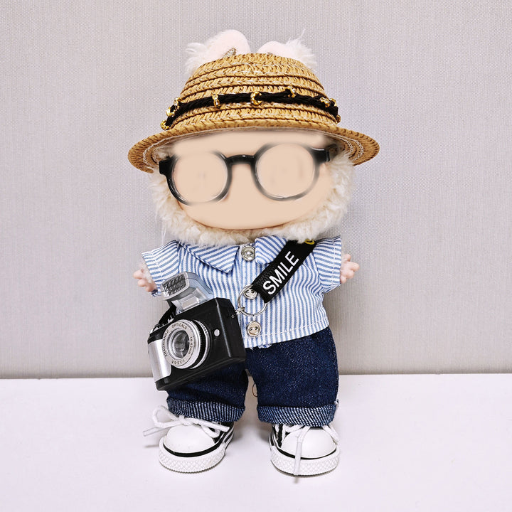 Labubu Striped shirt&denim pant straw hat 6pcs set