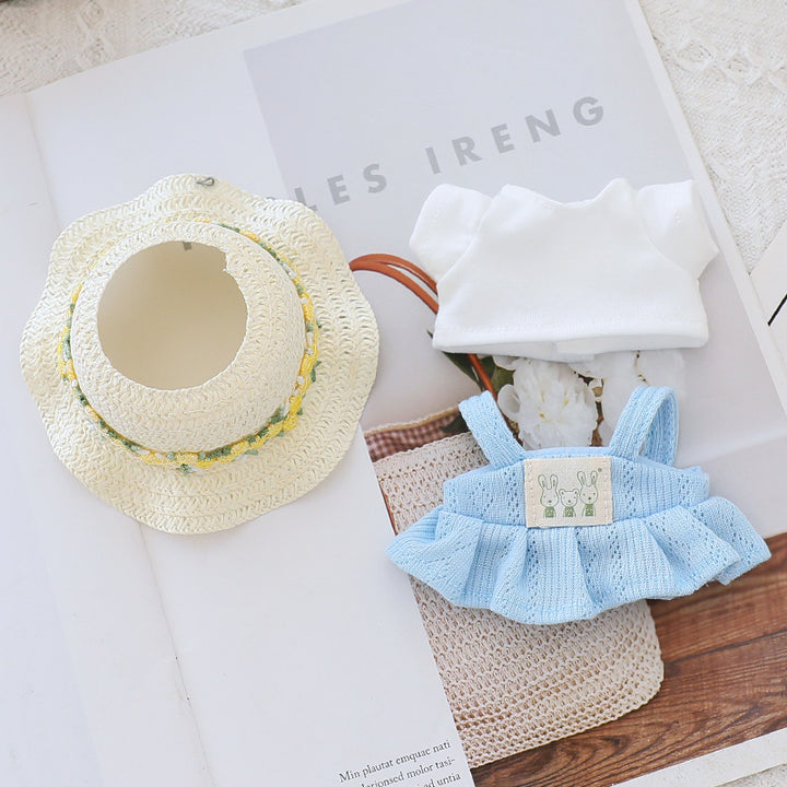 Labubu skirt T-shirt set with straw hat doll clothes
