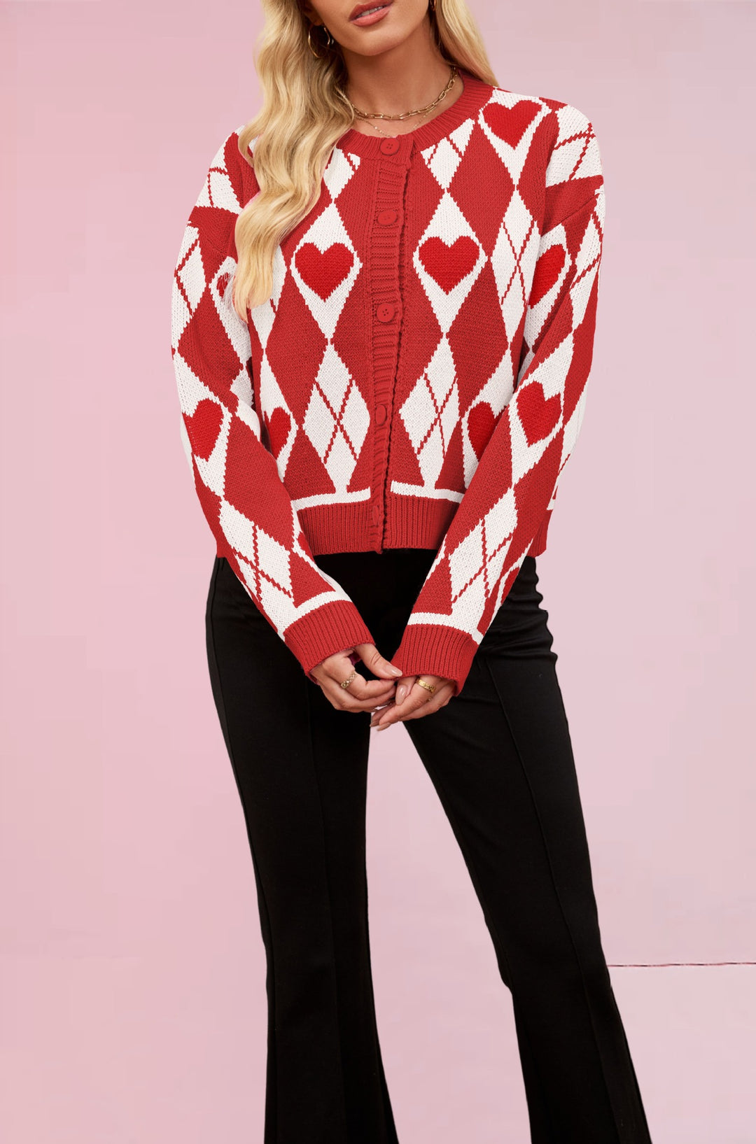 Valentine's Heart diamond jacquard knitted cardigan sweater