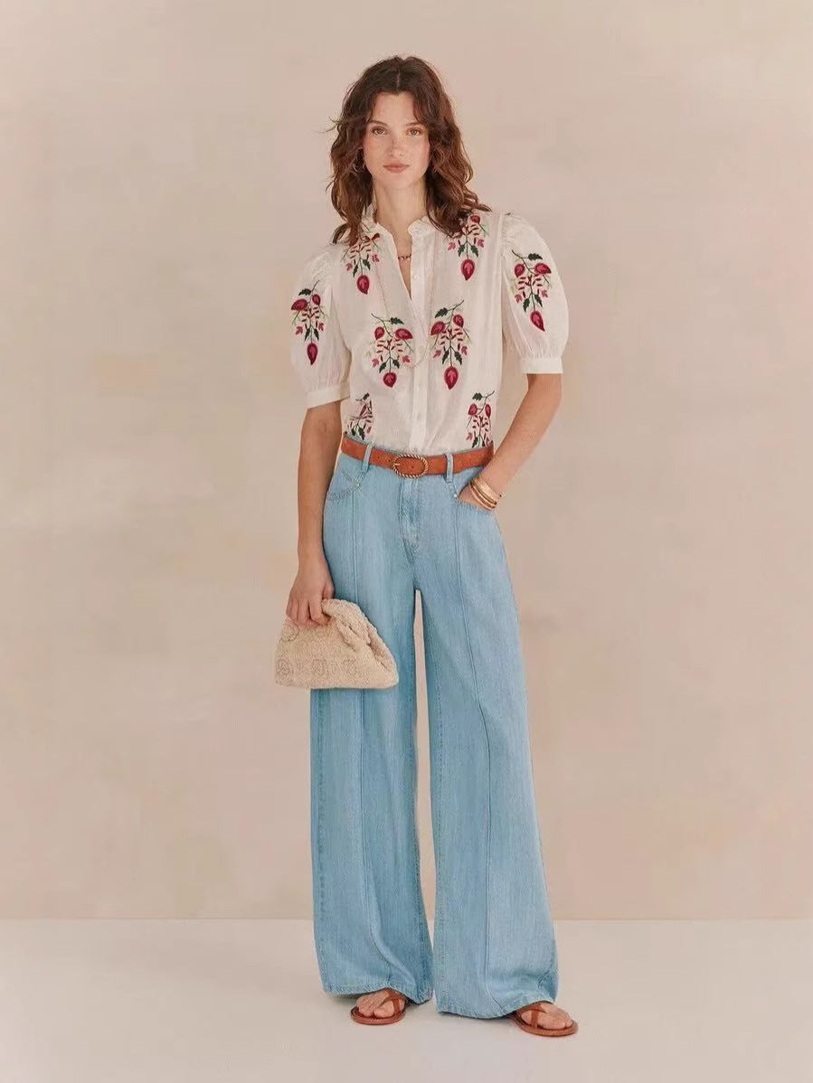 Flower Embroidered Button Shirt with Puff Sleeves