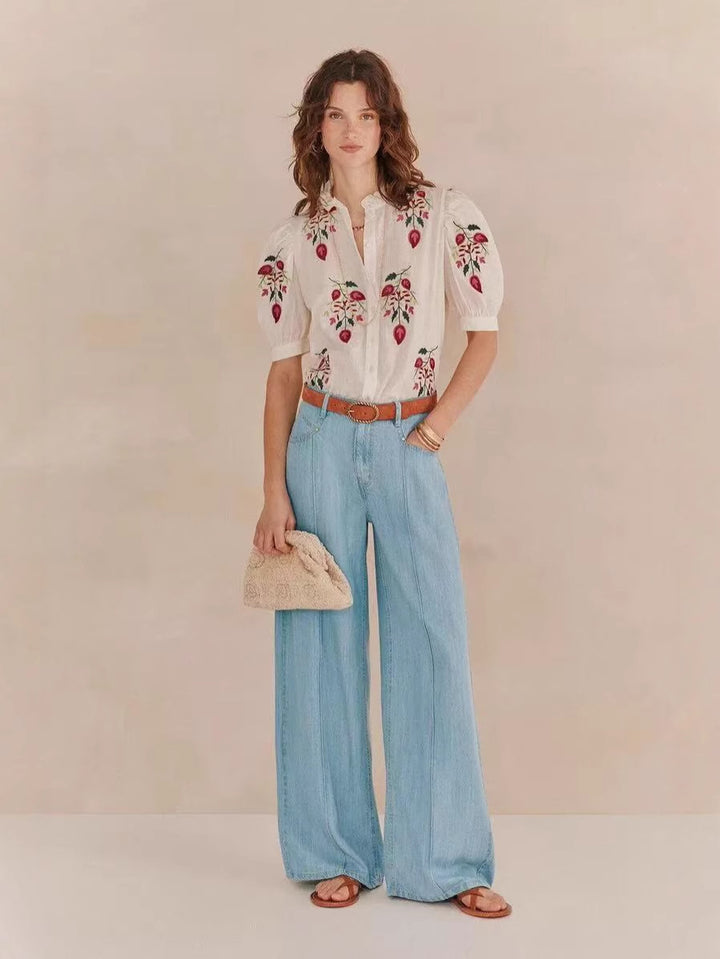 Flower Embroidered Button Shirt with Puff Sleeves