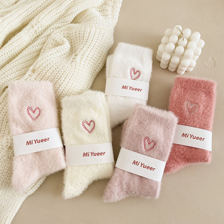 Women's fleece warm mid-calf socks with heart embroidery
