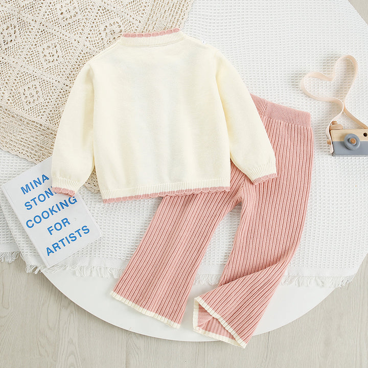 Girls Embroidered Flower Knitted Cardigan&Pants 2pcs Set