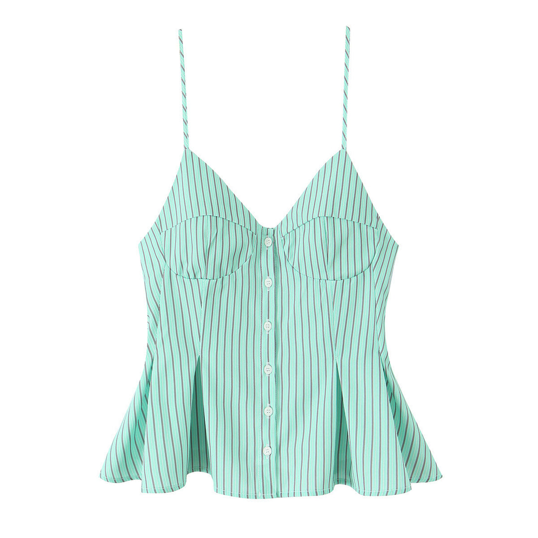 V-neck button-down striped pleated camisole top