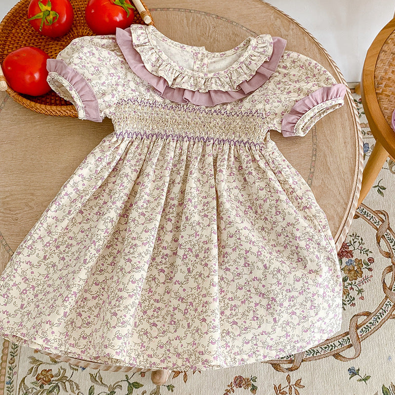 Lavender purple floral print smocked dress for girls
