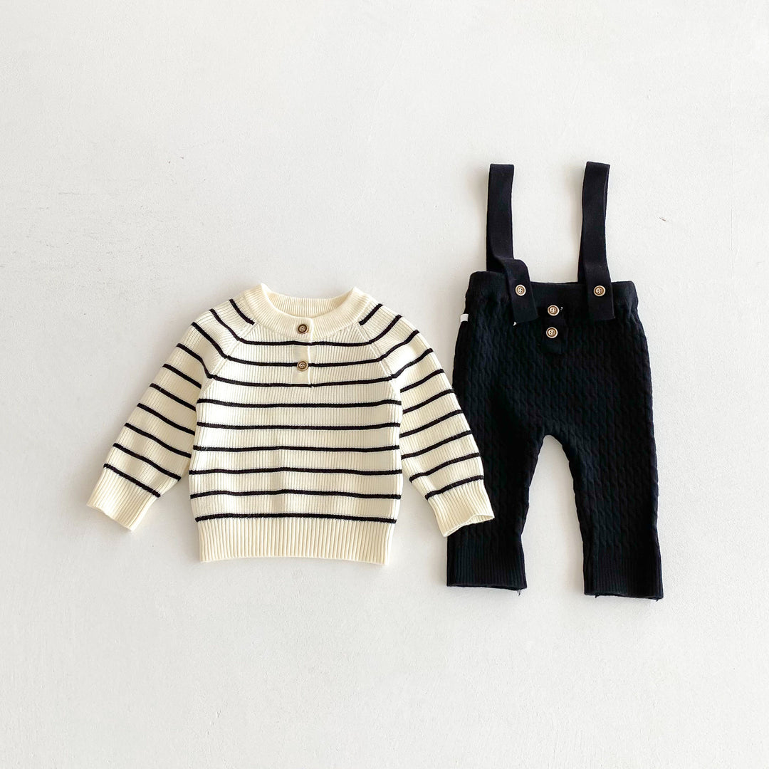 Baby knitted striped sweater&overalls 2PCS suit
