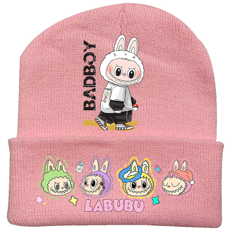 Cute monster printed knitted beanie hat-pink
