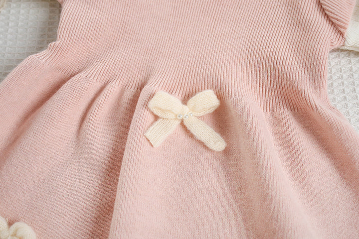 Sweet pink bowknot knitted sweater dress for girls
