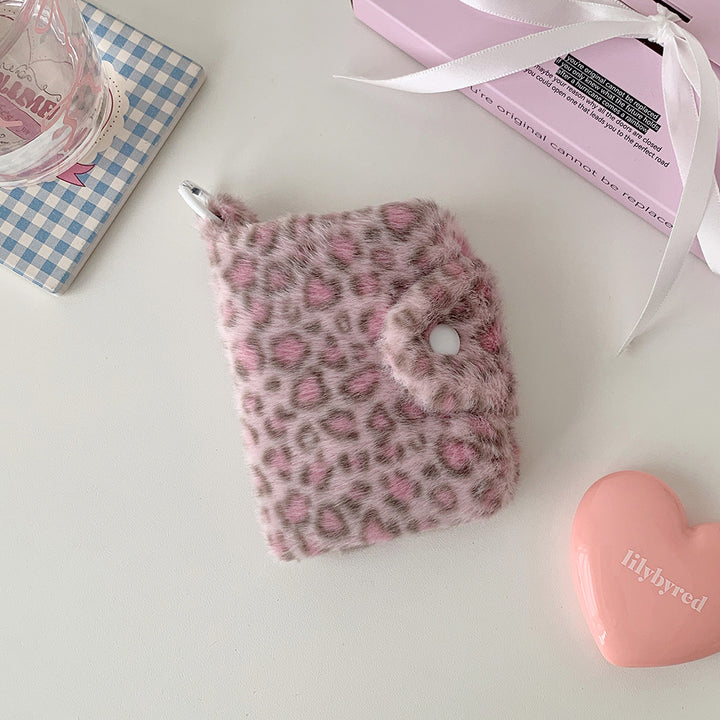 Fluffy leopard small wallet with snap closure for girls