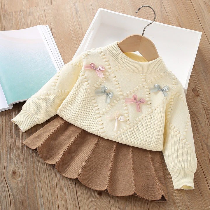Sweet bowknot knitted sweater&skirt 2pcs set for girls