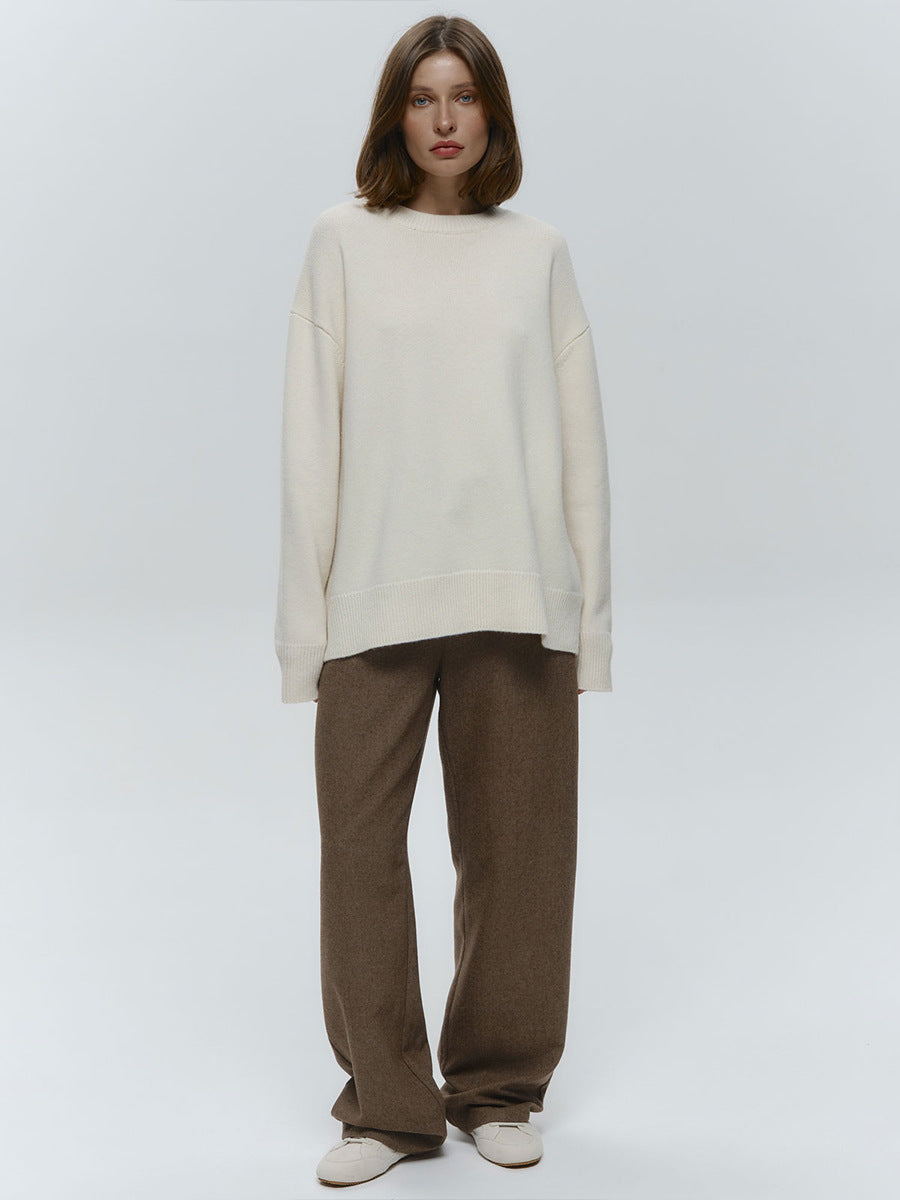 Round neck solid color knitted sweater Basic all-match sweater