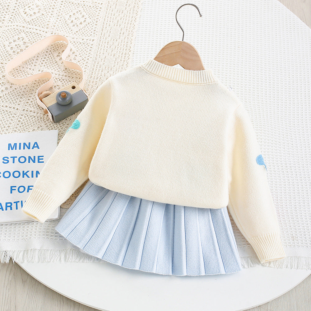 Colorful floral knitted cardigan&Pleated Skirt 2pcs set
