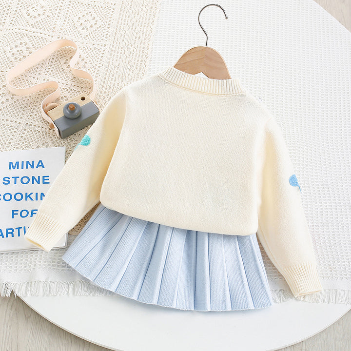 Colorful floral knitted cardigan&Pleated Skirt 2pcs set