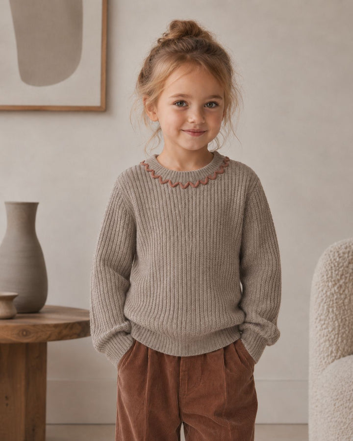 Girls' Ribbed Knit Pullover with Contrast-Color Scalloped Crew Neck