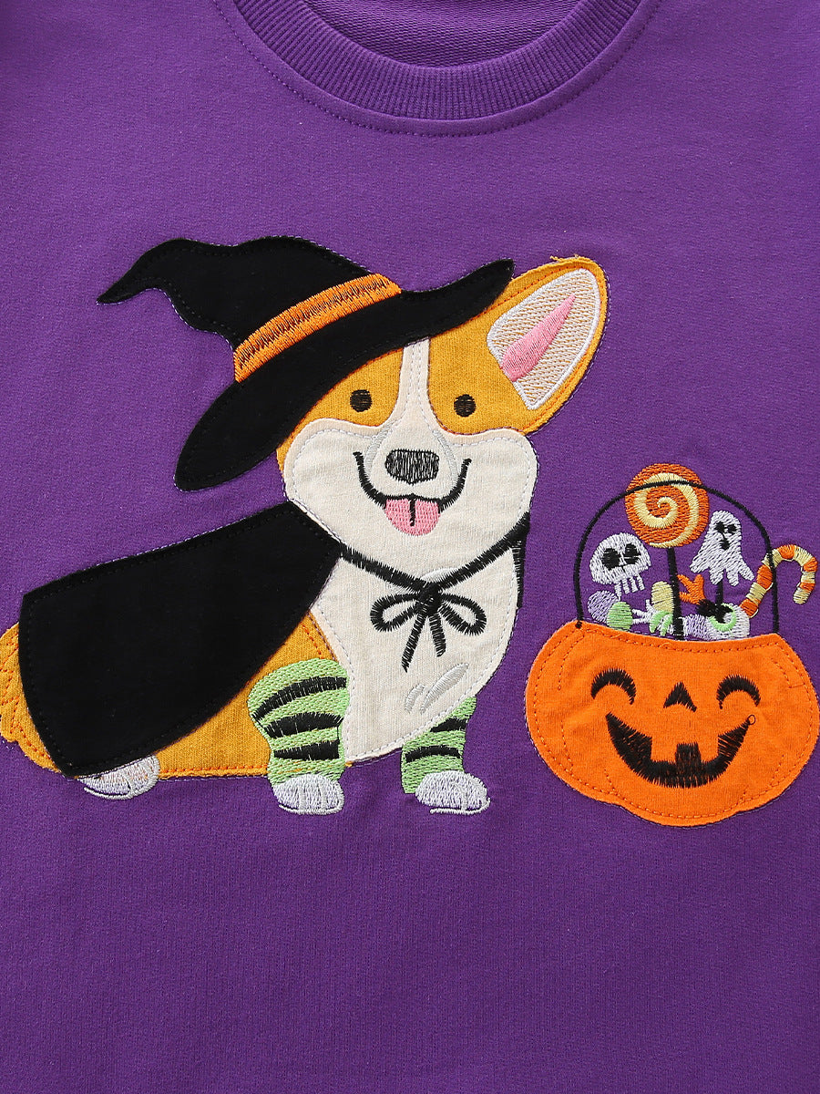 Halloween cartoon witch puppy patch pullover sweater
