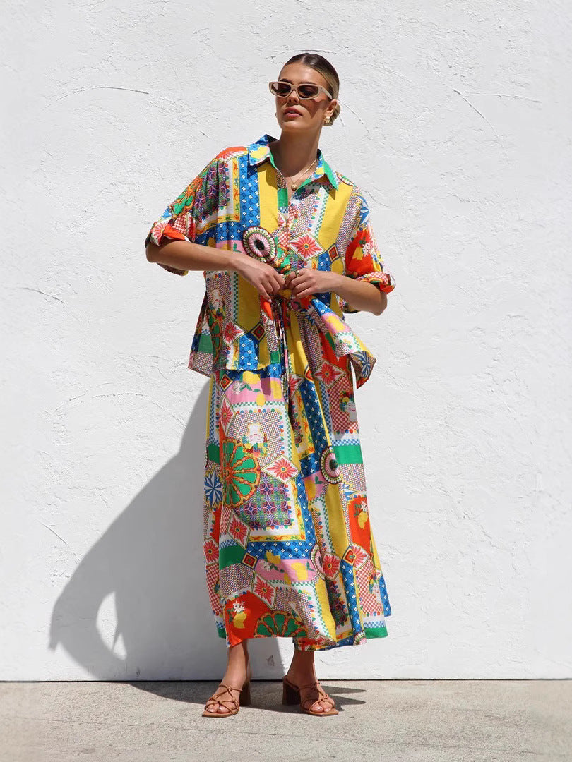 Boho Holiday style beach shirt&wide leg pant set