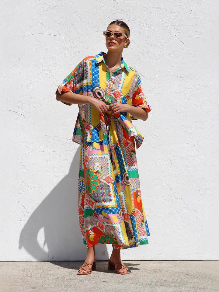 Boho Holiday style beach shirt&wide leg pant set