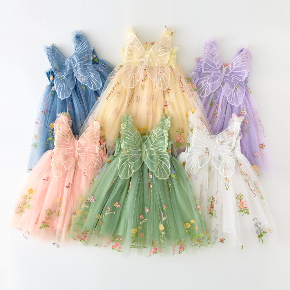 Girls floral embroidery mesh tutu dress with butterfly wings