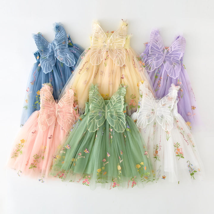 Girls floral embroidery mesh tutu dress with butterfly wings