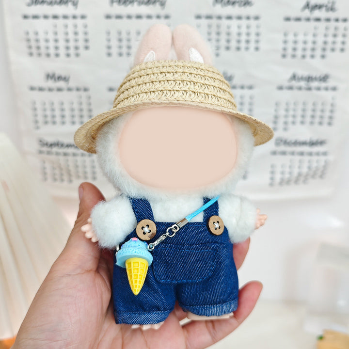 Labubu cute Straw hat&denim overalls set dolls clothes