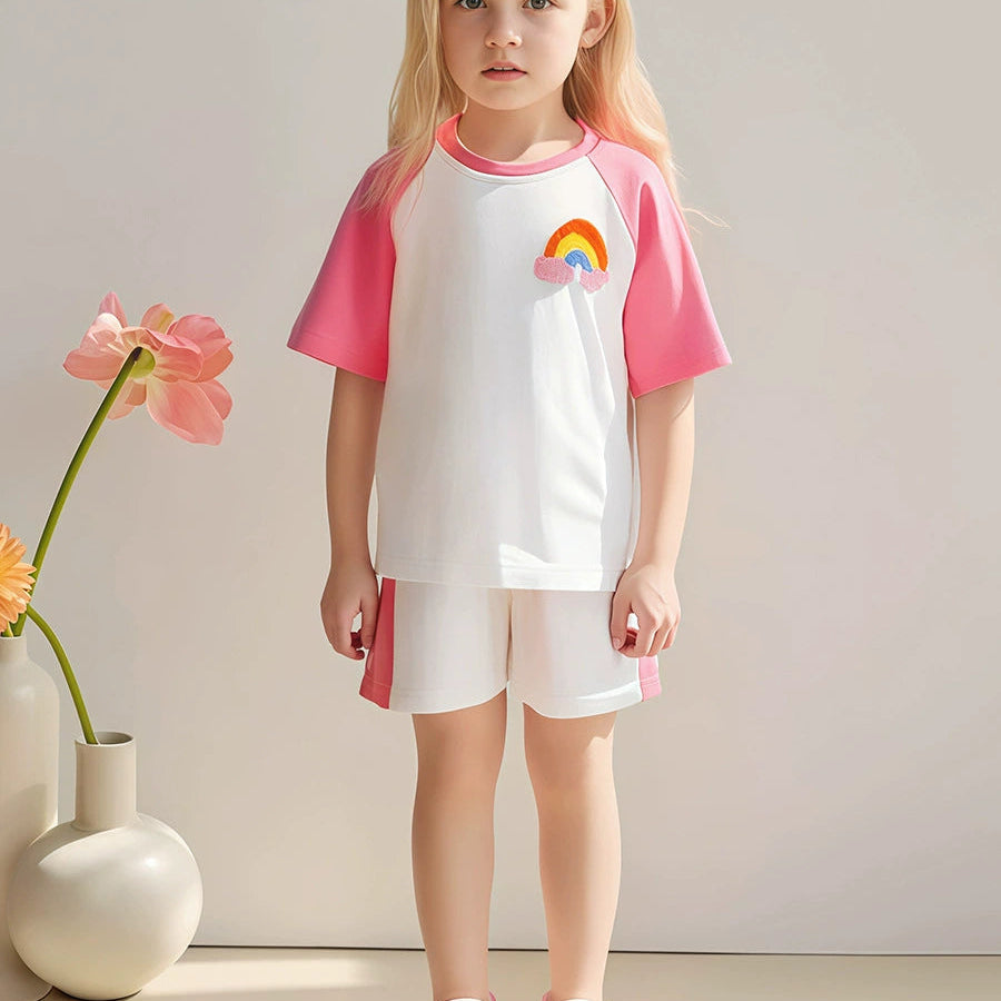 Girls cotton short-sleeved tee&short set with Rainbow towel embroidery