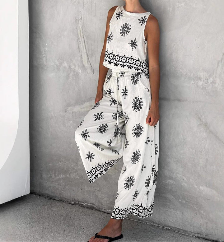 Boho Linen tank top&Wide Leg Pants Set