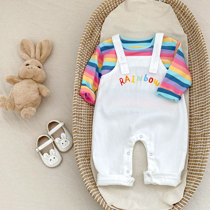Rainbow baby overalls &striped long-sleeved top 2pcs set