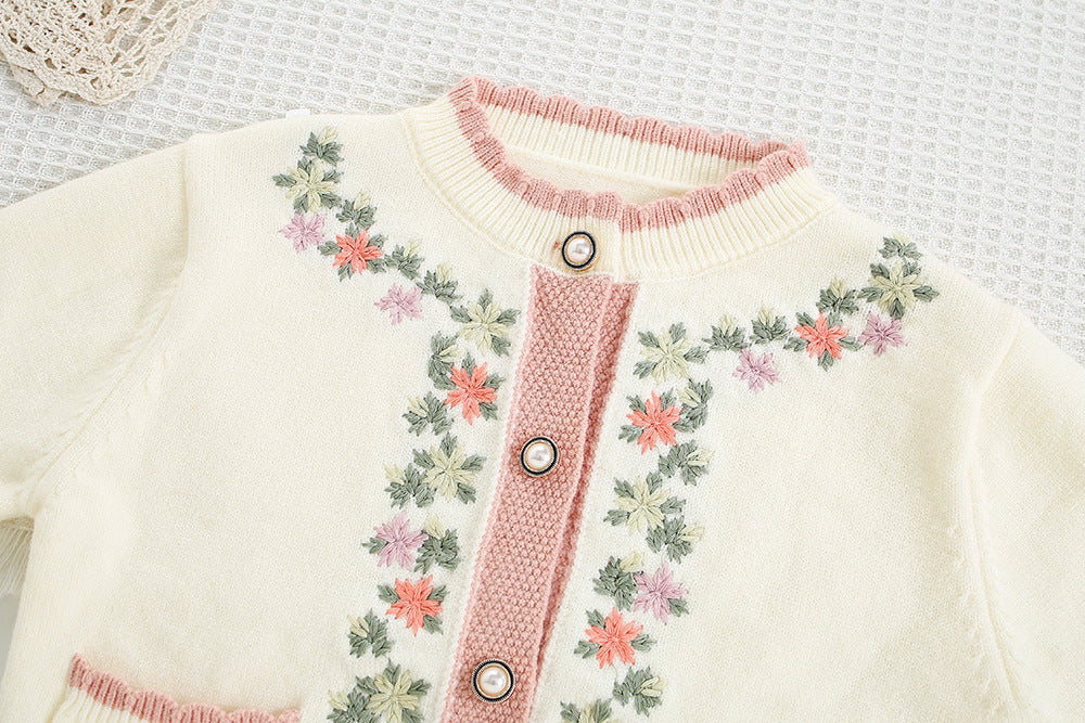 Girls Embroidered Flower Knitted Cardigan&Pants 2pcs Set