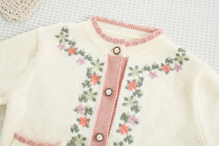 Girls Embroidered Flower Knitted Cardigan&Pants 2pcs Set
