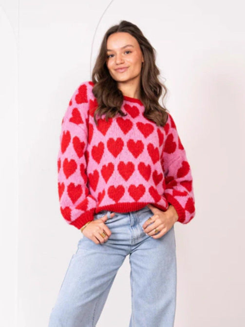 Valentine's Day pink heart jacquard short knitted sweater