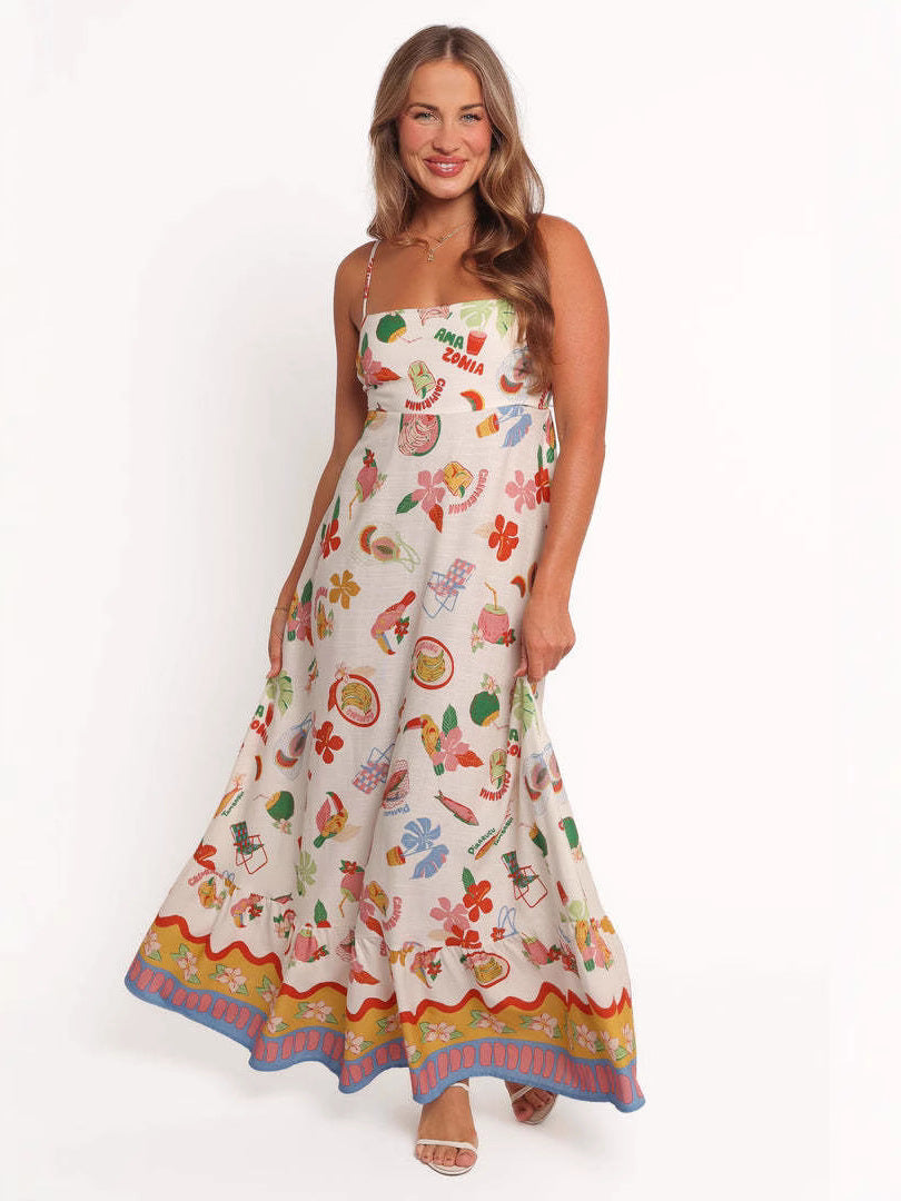 Summer seaside printed Linen Sleeveless Slip Dress