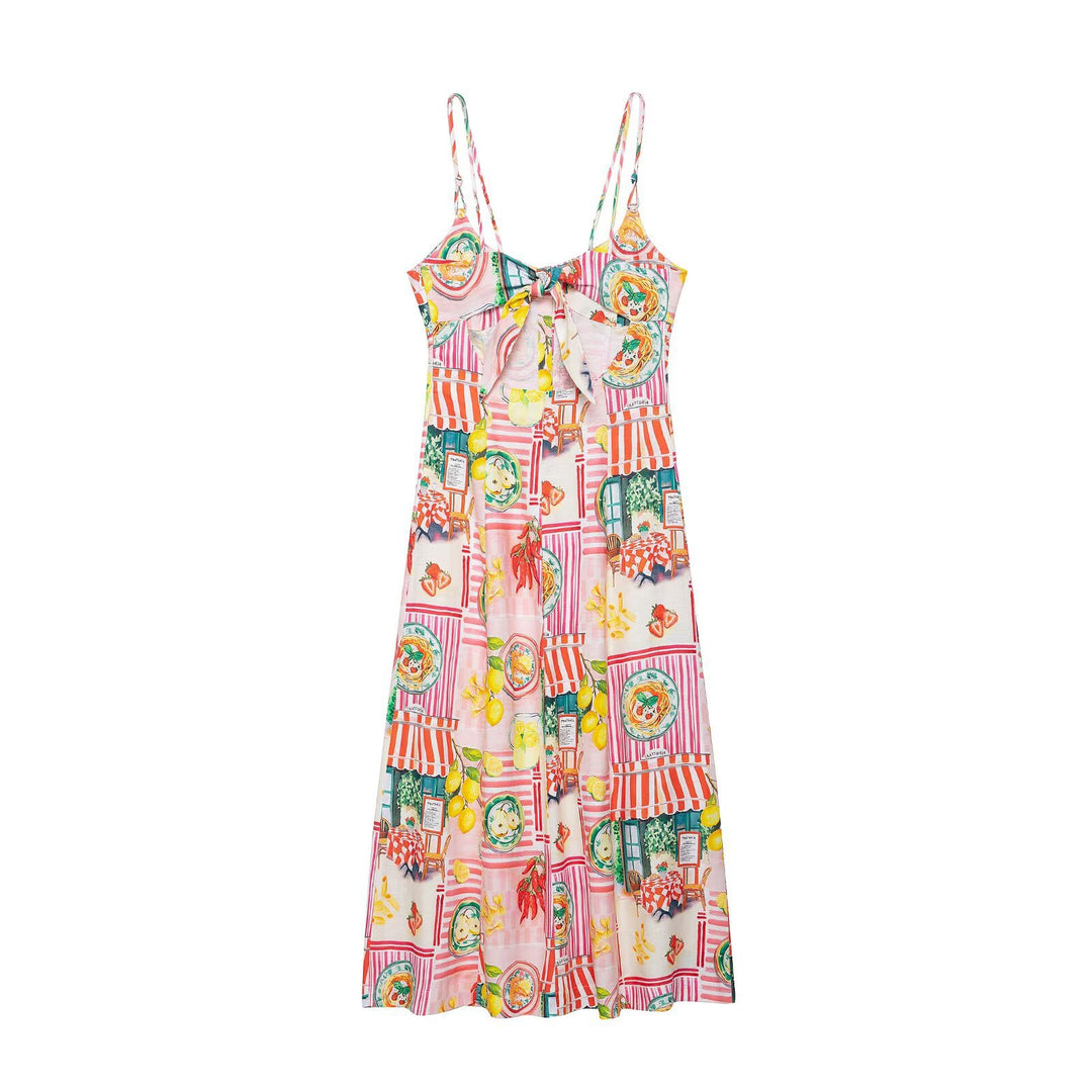 Patchwork print back bow-tie midi dress