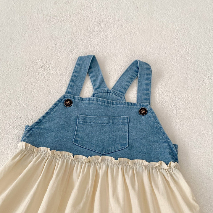Baby denim stitching lace ruffle suspender dress