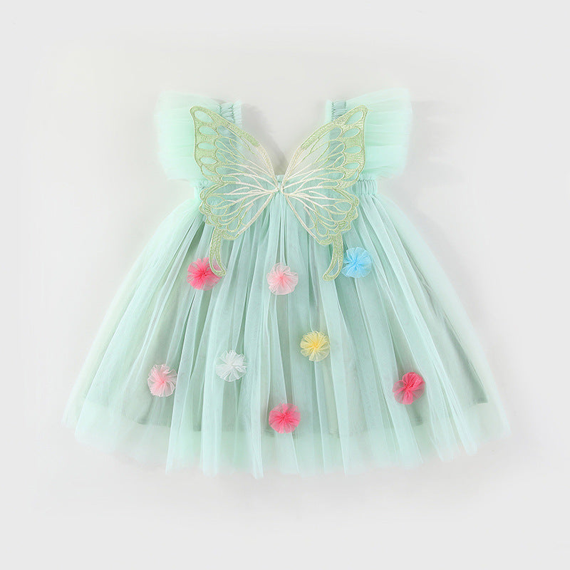 Girls'3D butterfly wings&flowers suspender mesh dress