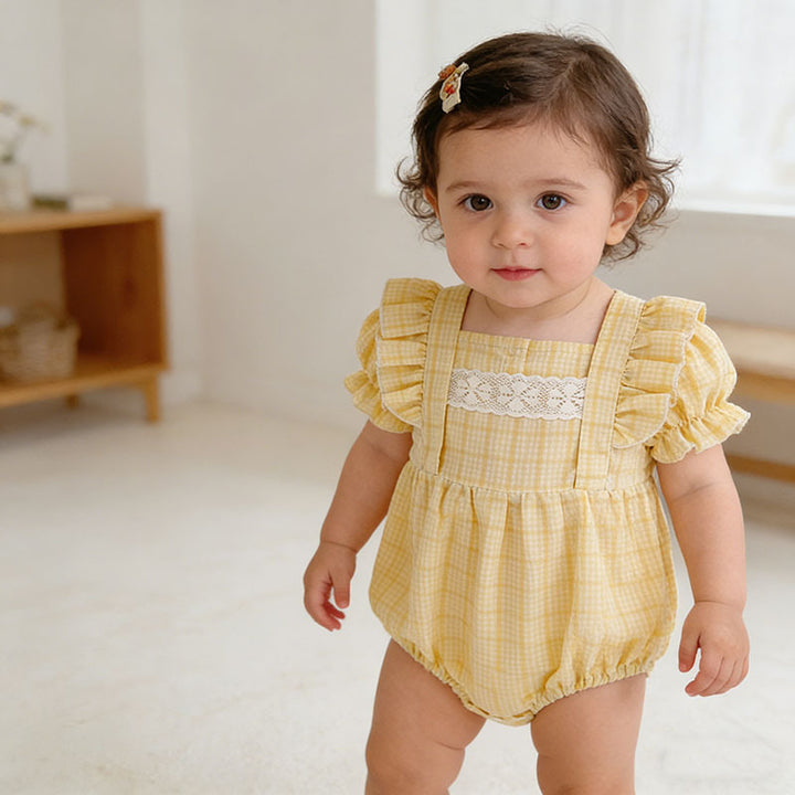 Baby yellow plaid puff sleeve bodysuit romper