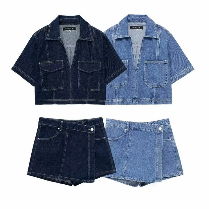 Cropped Denim Shirt&Double Breasted Culottes