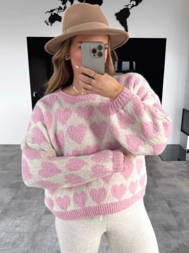 Valentine's Day pink heart jacquard short knitted sweater