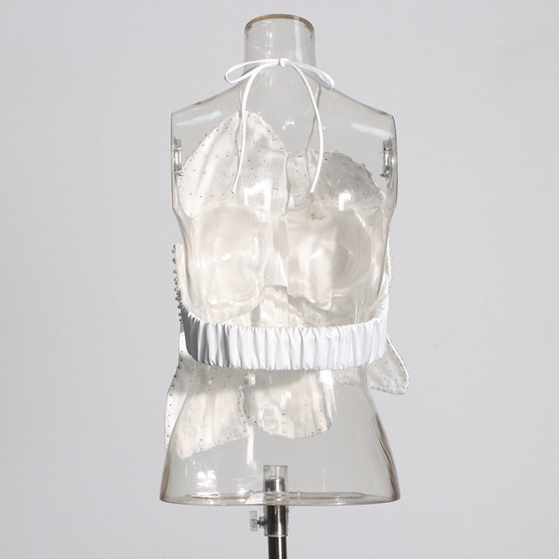 Halter Neck 3D Flower Beaded Pearl Bandeau Top