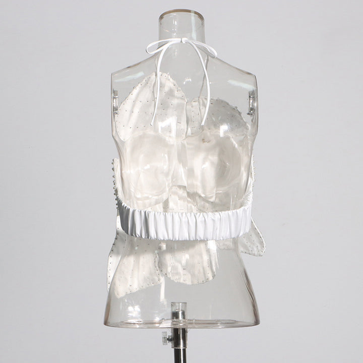 Halter Neck 3D Flower Beaded Pearl Bandeau Top