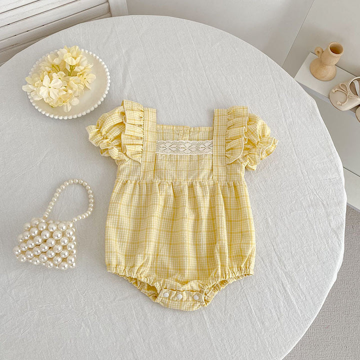 Baby yellow plaid puff sleeve bodysuit romper