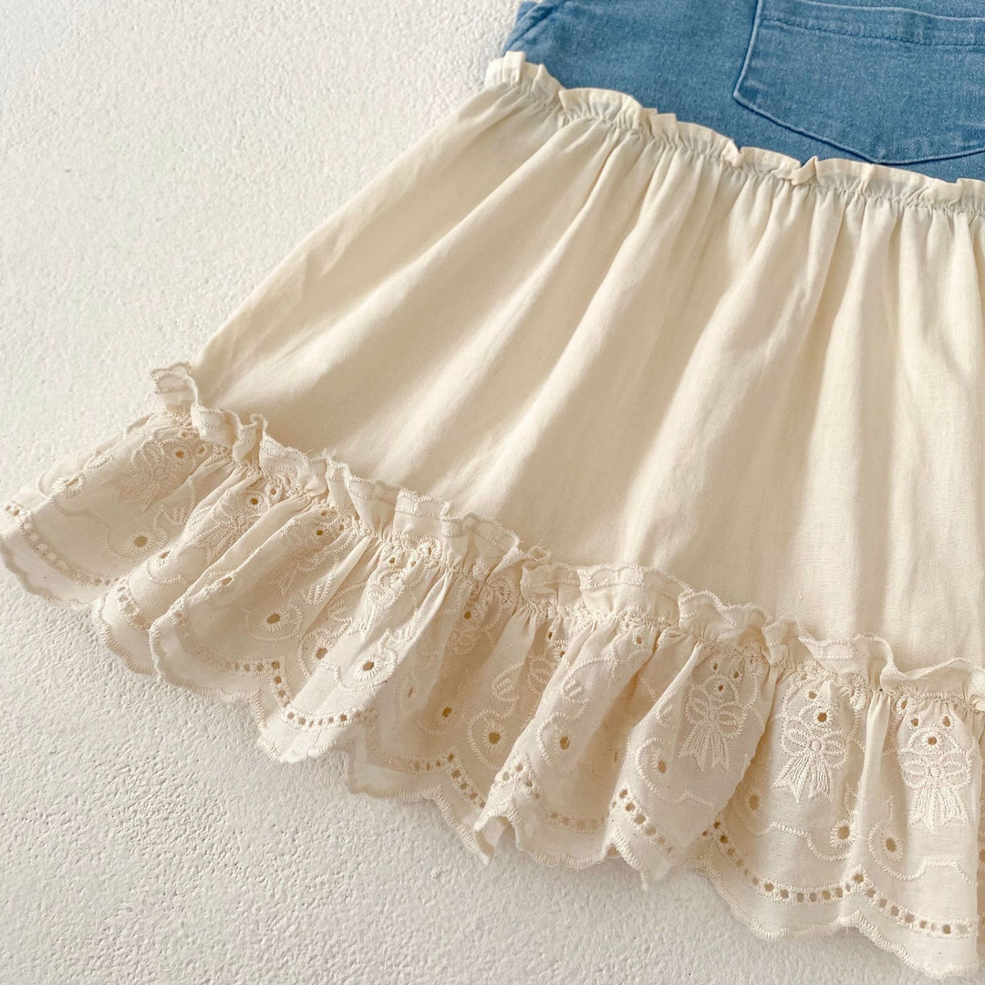 Baby denim stitching lace ruffle suspender dress